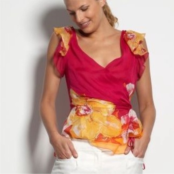 Diane von Furstenberg Size 10 Orchid Lei Blouse Ruffle Sleeve Silk Tie Wrap Top - Picture 5 of 7